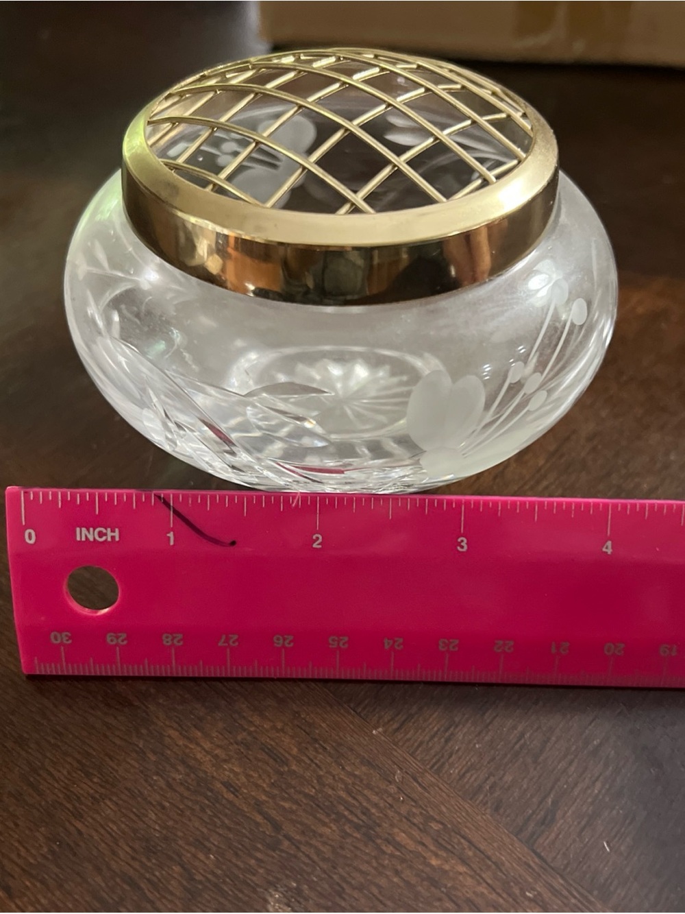 Cut Crystal Flower Frog Vase with Brass Lattice Top - Picture 7 of 9